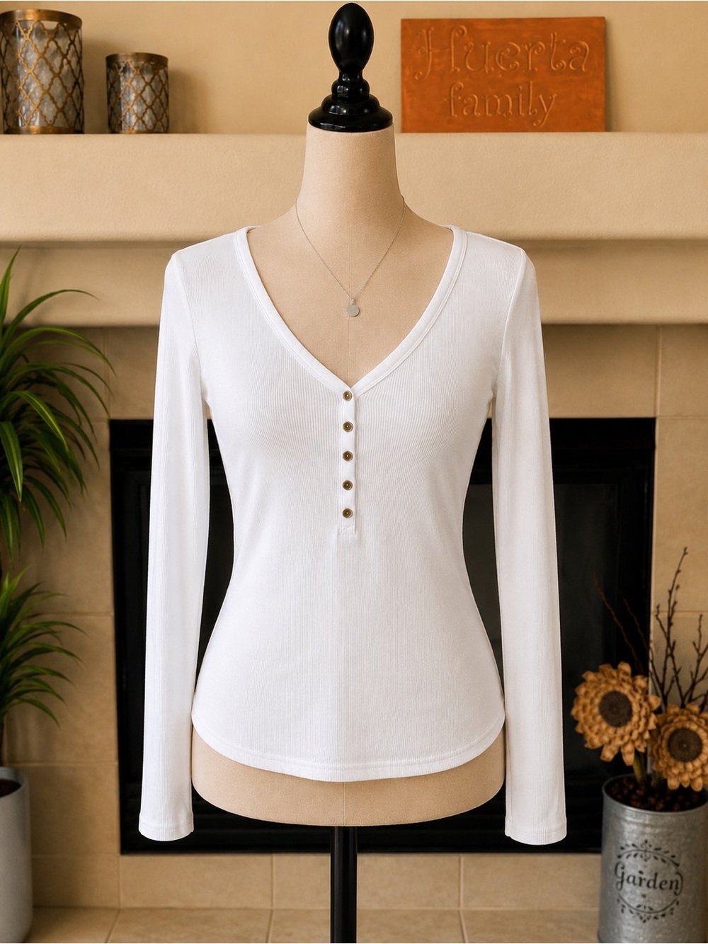 Old Navy White V-Neck Ribbed Henley Long Sleeve Top